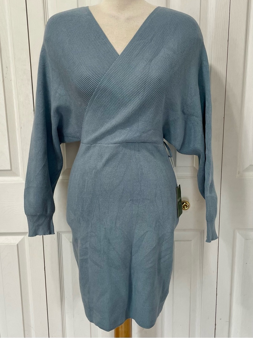 New HALARA Sage Blue Ribbed Knit Wrap Dress with Tags